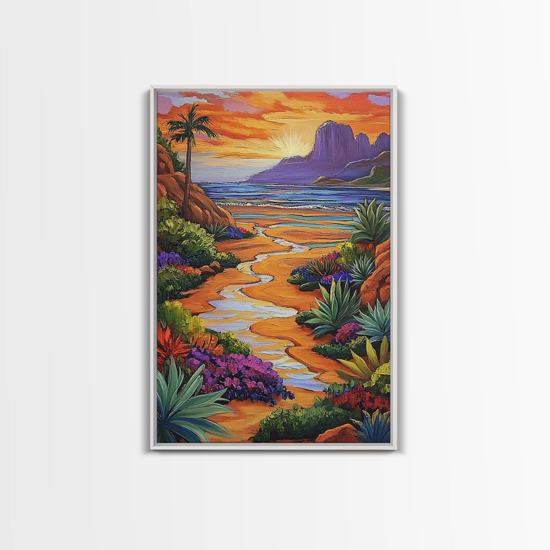 Desert Beach, Mountain Sunset, Ocean Stream, Palm Tree — Framed Canvas Print vibrant landscape wall art, boho living room, beach house decor