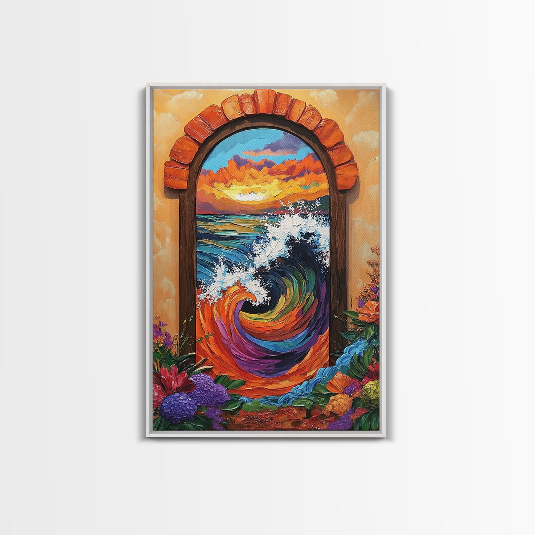 Ocean Wave Portal, Whimsical Sea Art, Sunset Coastal Decor, Framed Canvas Print, Living Room Accent, Vivid Nautical Painting