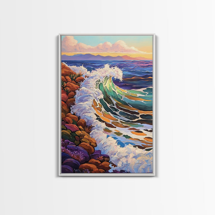 Crashing Ocean Wave, Rocky Coastline Scene, Vibrant Beach Art, Framed Canvas Print, Nature Inspired, Coastal Living Room Wall Art