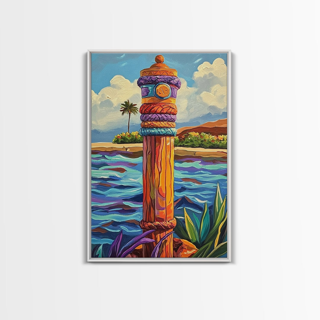 Nautical Pole Art, Tropical Shoreline Decor, Canvas Print, Coastal Boho Wall Art, Bathroom Beach Theme, Island Inspired Design