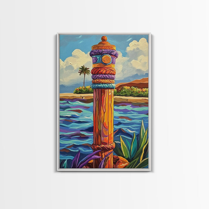 Nautical Pole Art, Tropical Shoreline Decor, Canvas Print, Coastal Boho Wall Art, Bathroom Beach Theme, Island Inspired Design