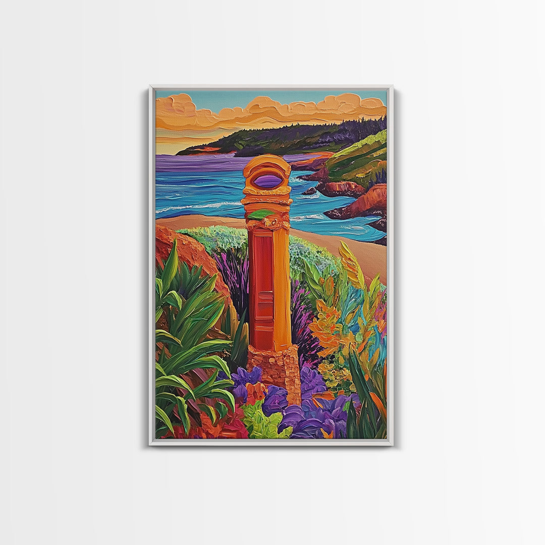 Coastal Landmark Art, Beach Garden View, Framed Canvas Print, Vibrant Landscape Wall Art, Sunroom Decor, Bright Coastal Scene