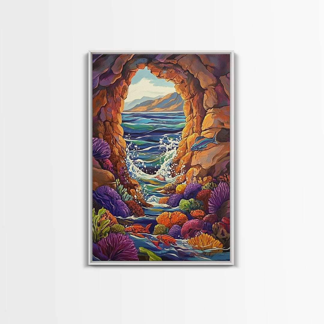 Ocean Cave Window, Underwater Scene, Marine Life, Coral Reef, Framed Canvas Print, Bathroom Wall Art, Coastal Decor, Nautical Art