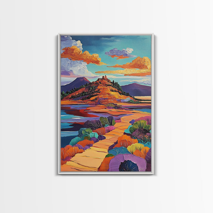 Desert Pathway Painting, Vibrant Mountain Scene, Colorful Earthy Art, Framed Canvas Print, Rustic Hallway Wall Art, Fall Colors