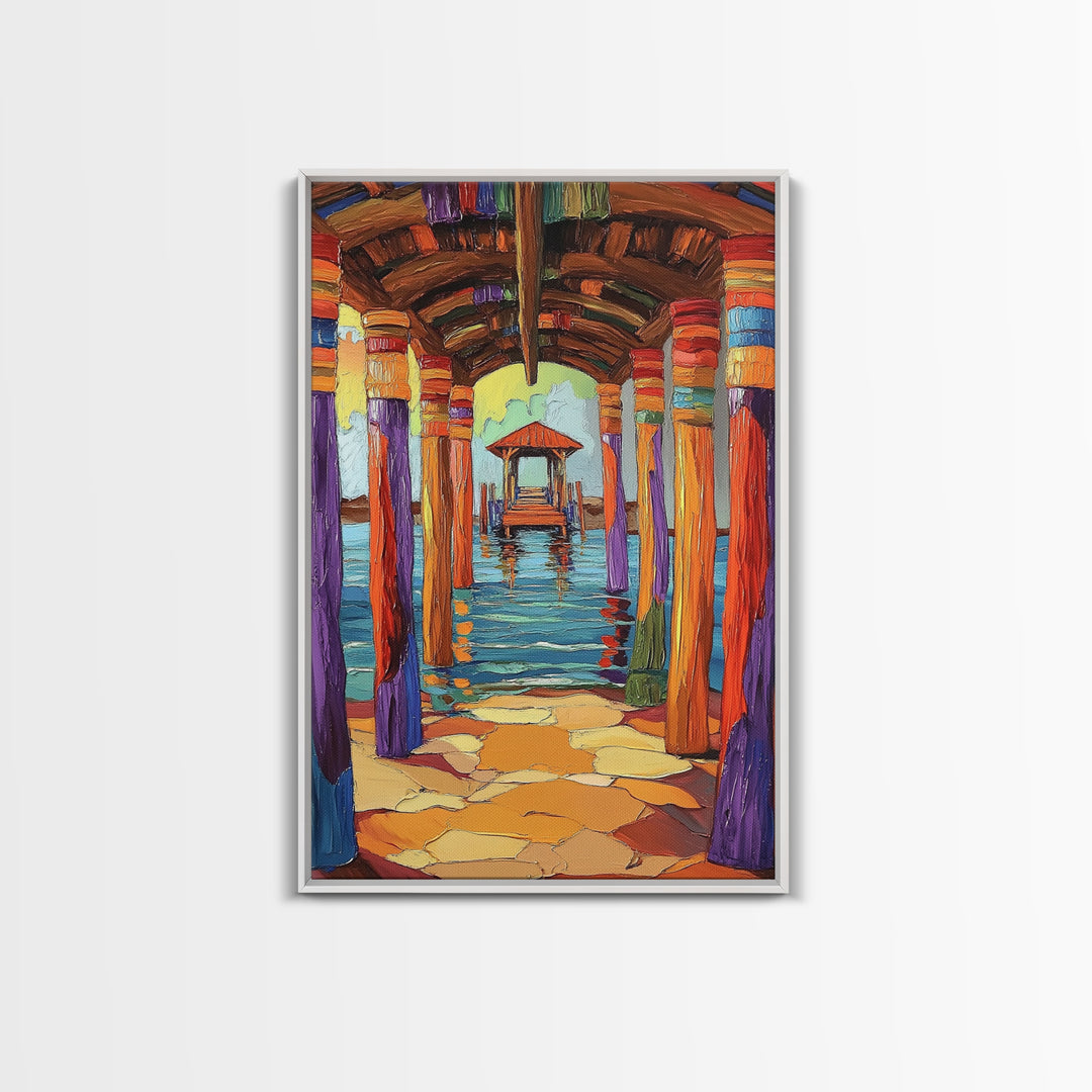 Dock Walkway, Tropical Pier, Ocean View, Beach Art, Framed Canvas Print coastal home decor, hallway wall art, vibrant nautical painting