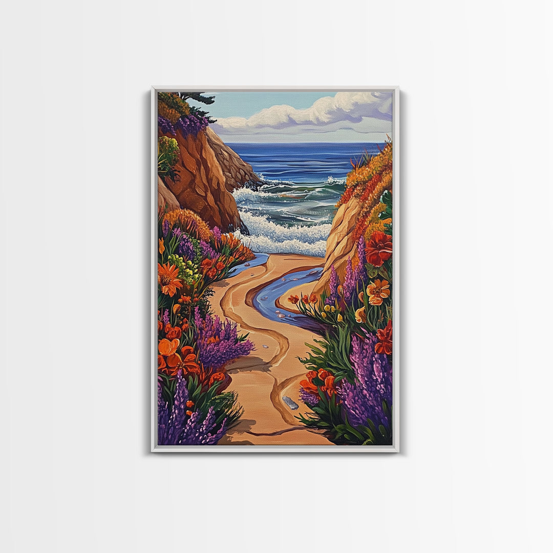 Coastal Path, Floral Trail, Ocean View, Beach Landscape, Framed Canvas Print, boho art, hallway decor, tropical wall art, beach house art