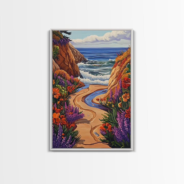Coastal Path, Floral Trail, Ocean View, Beach Landscape, Framed Canvas Print, boho art, hallway decor, tropical wall art, beach house art