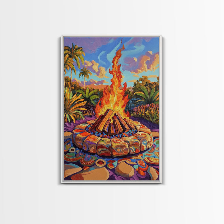 Campfire Palm Trees, Flame, Sunset, Framed Canvas Print tropical bonfire art, cozy fire pit painting, Fall decor, outdoor living room wall art