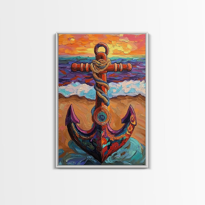 Nautical Anchor, Sunset, Coastal, Framed Canvas Print, ocean sunset art, beach house decor, rustic nautical theme, Living Room or Office