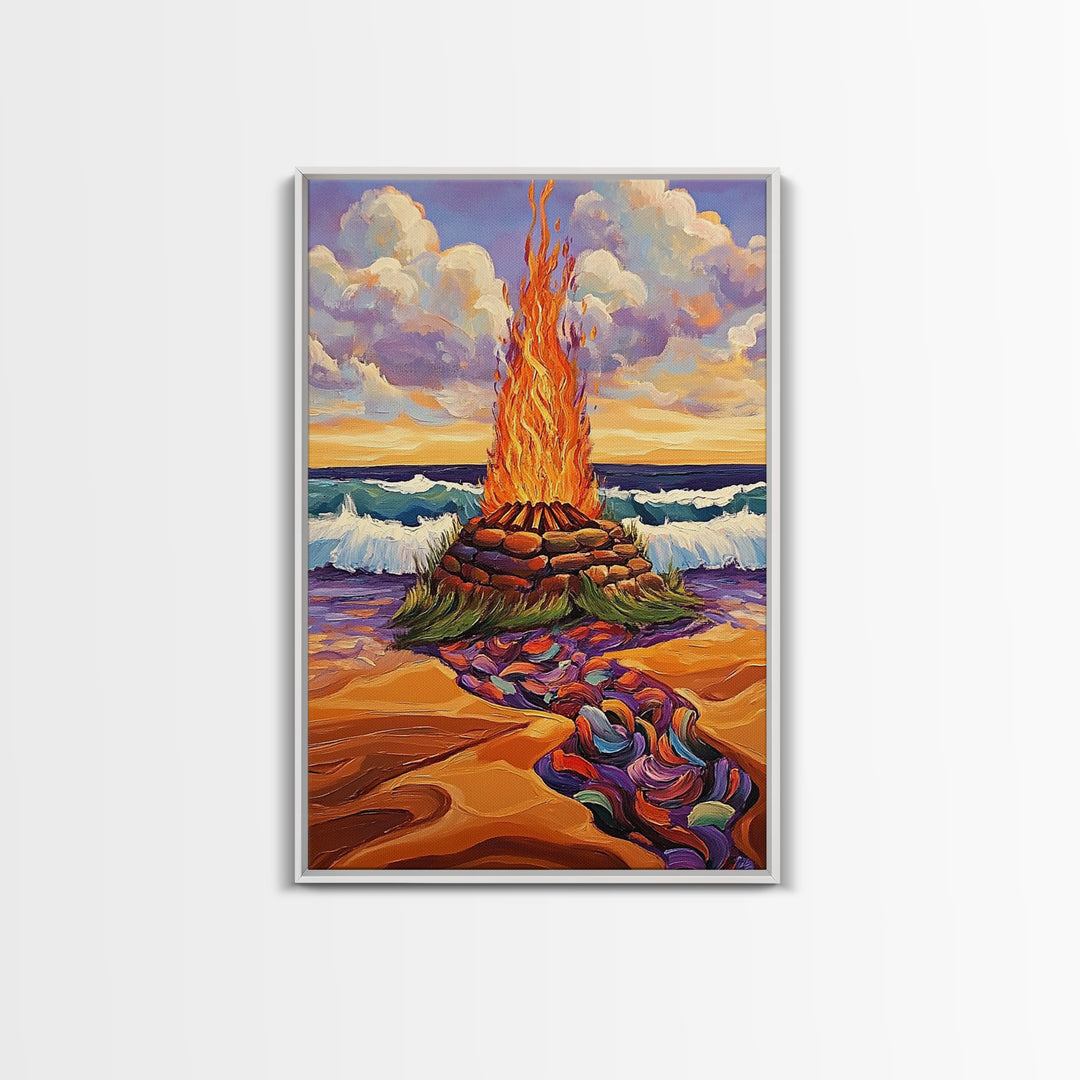 Bonfire Beach, Twilight, Ocean, Framed Canvas Print fire pit artwork, vibrant beach decor, ocean waves and flames, Fall living room wall art
