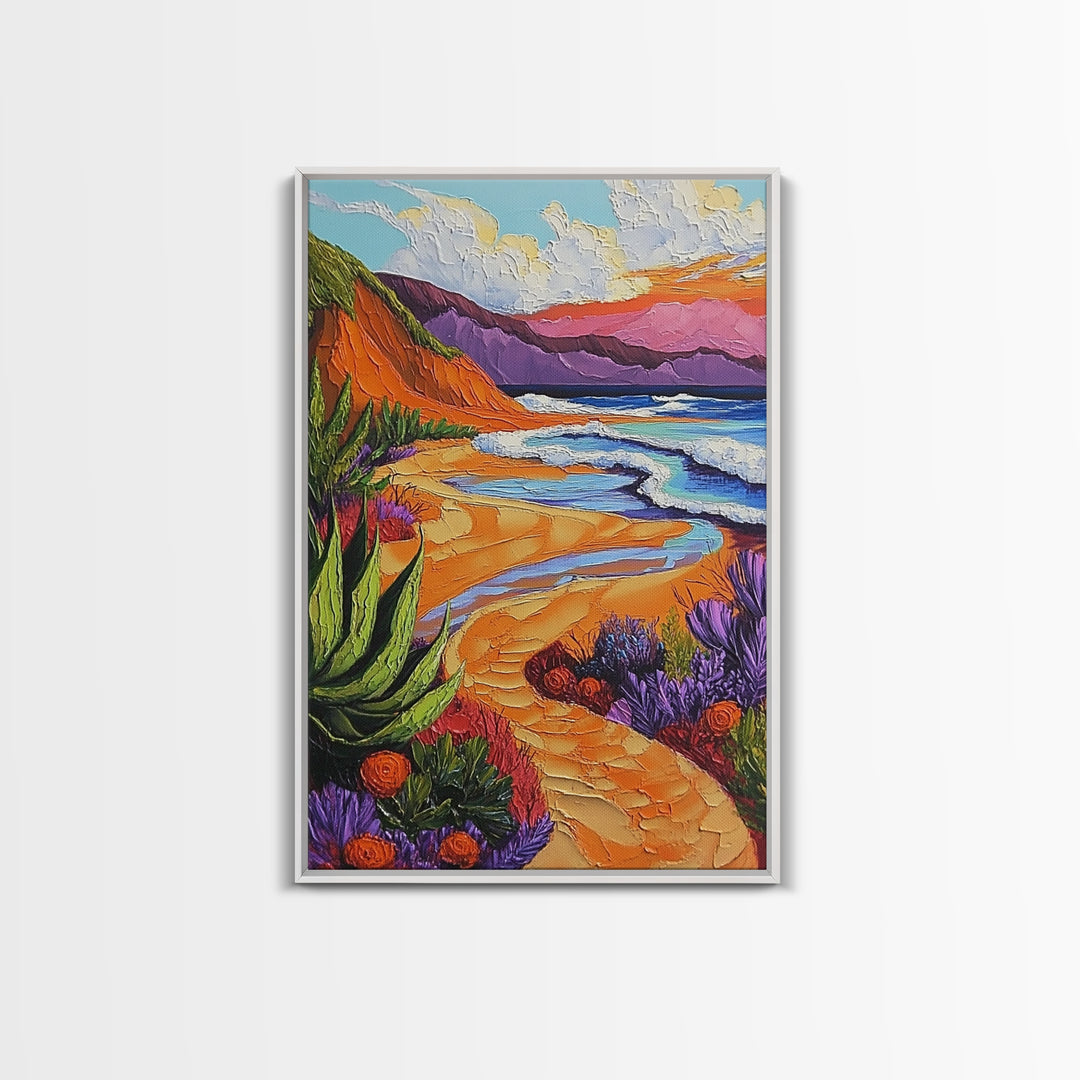 Beach Path, Sunset, Bliss, Canvas Print, tropical beach decor, bold wall art, coastal boho artwork, vibrant summer vibes, Bathroom or Hallway