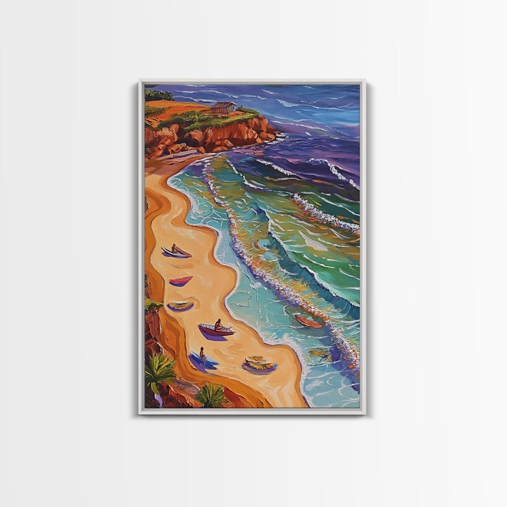 Beach Waves, Boats, Aerial Coastal Landscape, Framed Canvas Print, Boho Ocean Art, Bathroom Wall Decor, Vibrant Nautical Artwork