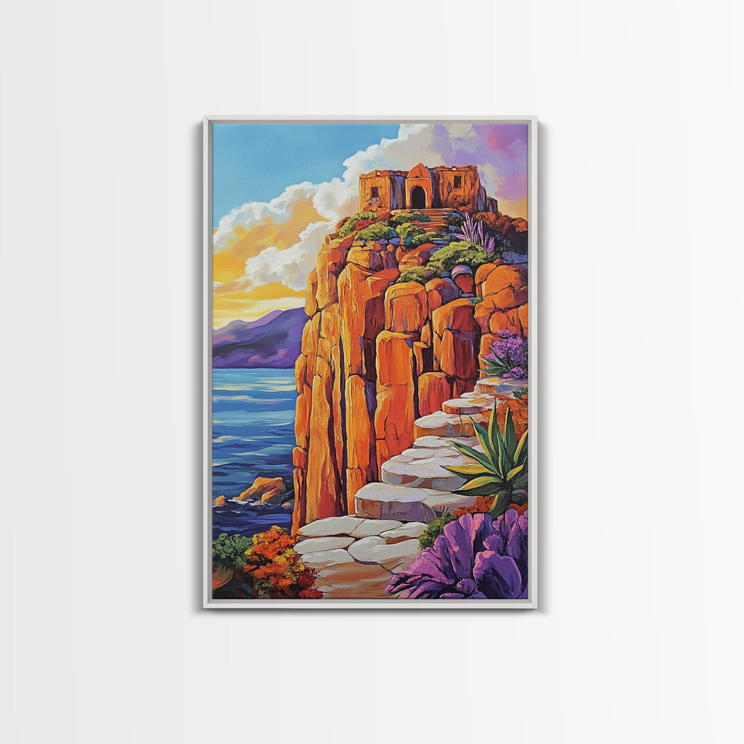 Cliffside Ruins, Ocean, Sunset Ancient Fortress Art, Framed Canvas Print, Dramatic Living Room Wall Decor, Southwest Adventure Style