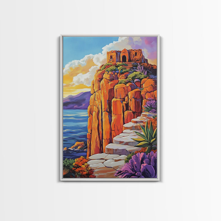 Cliffside Ruins, Ocean, Sunset Ancient Fortress Art, Framed Canvas Print, Dramatic Living Room Wall Decor, Southwest Adventure Style