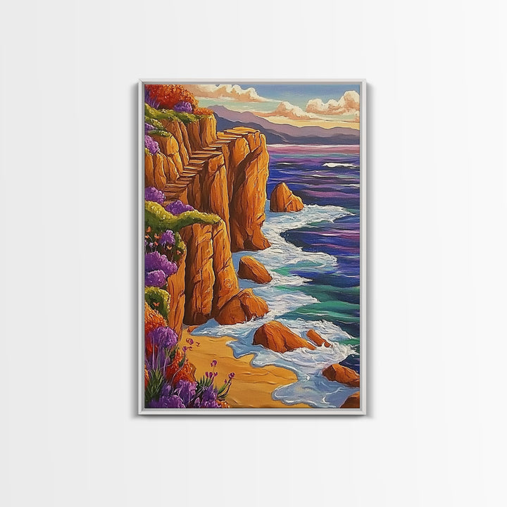 Ocean Cliffside, Path, Sunset, Canvas Print scenic ocean stairs artwork, coastal nature landscape print, Bedroom Wall Art, boho art