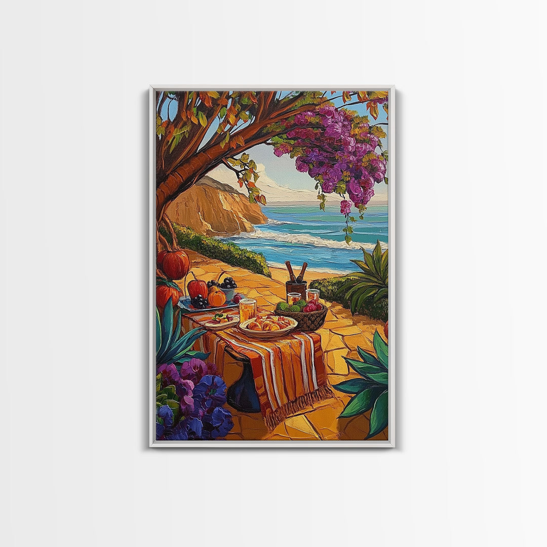 Picnic Beach, Fall Ocean, Framed Canvas Print cozy coastal picnic painting, fall harvest beachside art, Dining Room Wall Art, rustic art
