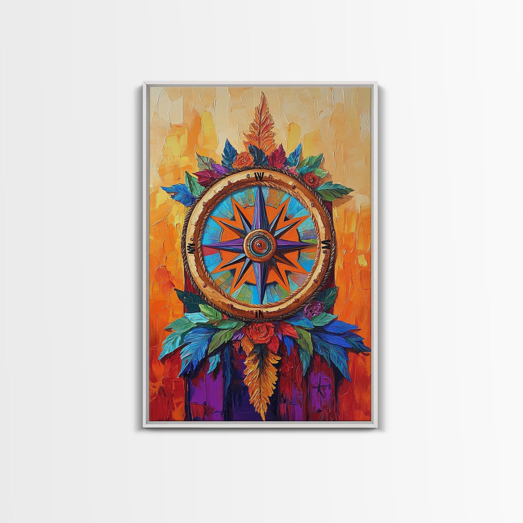 Compass, Rustic, Floral, Wall, Framed Canvas Print, Boho compass rose art with flowers, ideal bohemian home decor or entryway statement art