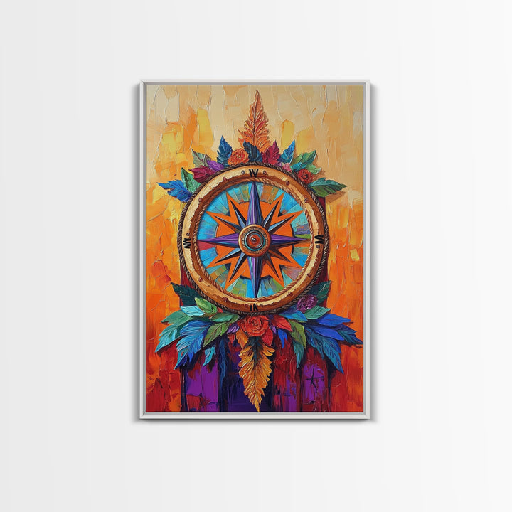 Compass, Rustic, Floral, Wall, Framed Canvas Print, Boho compass rose art with flowers, ideal bohemian home decor or entryway statement art