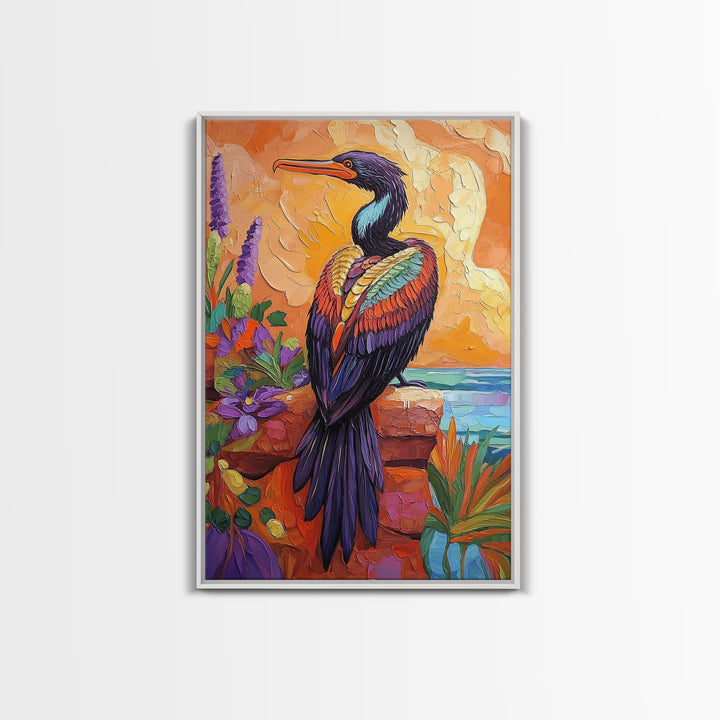 Bird, Tropical, Nature, Colorful, Framed Canvas Print, Exotic bird painting with vivid feathers, ideal eclectic living room wall art