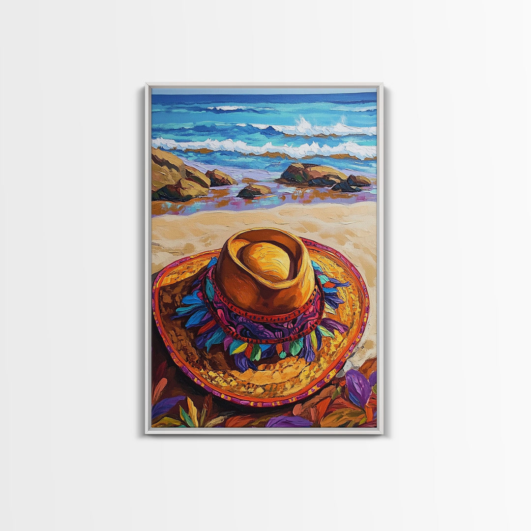 Beach, Hat, Summer, Coastal, Canvas Print, Summer beach scene with festive sombrero, great coastal kitchen or vacation home wall art