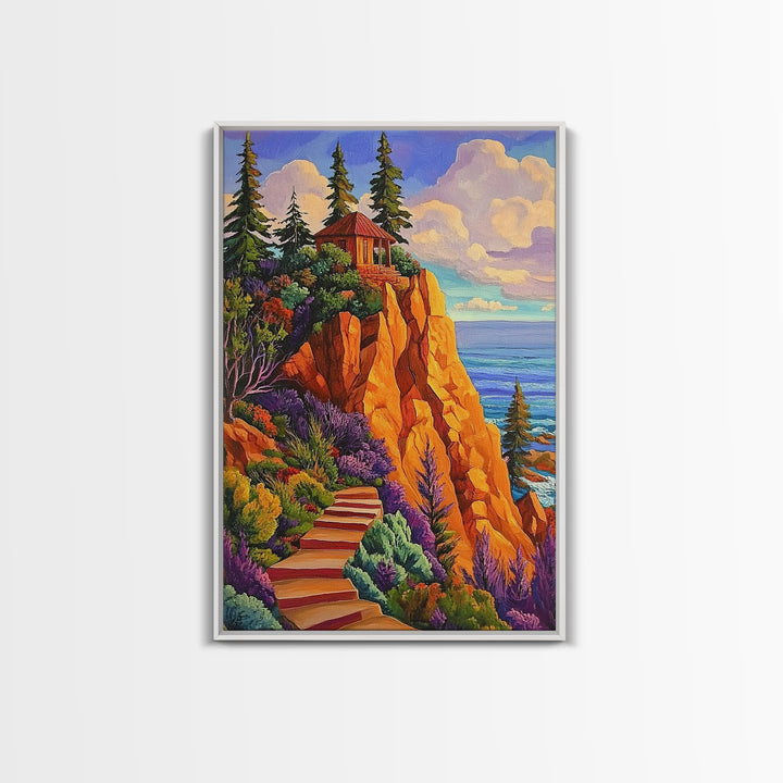 Cliff Cabin, Ocean, Trees, Framed Canvas Print, Seaside cabin on cliff with vivid trees and ocean view, rustic fall living room wall art