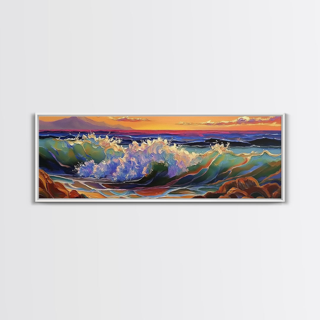 Breaking Wave, Seascape Sunset, Surf Art, Tranquil Ocean, Framed Canvas Print, Beach House Wall Art, Coastal Living Decor, Nature Scene