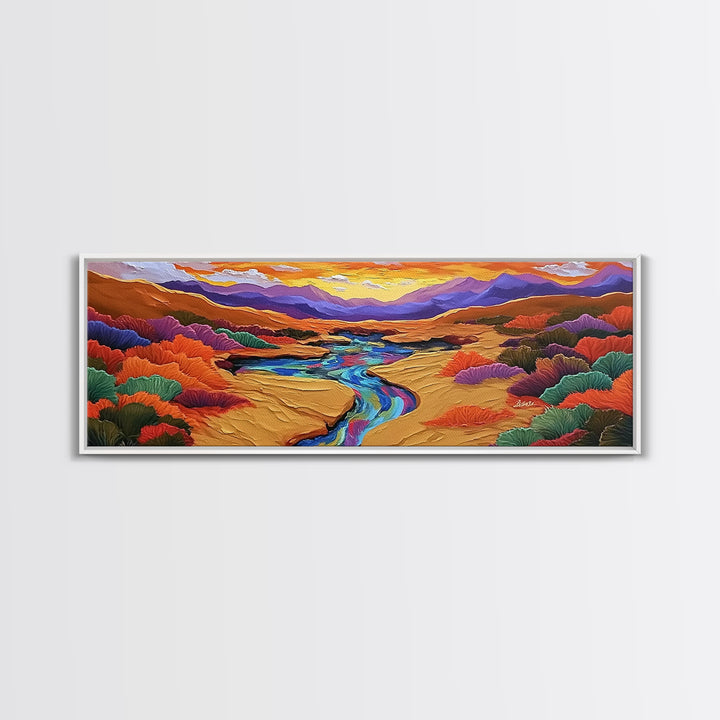 Desert River Sunset, Bold Nature Painting, Vibrant Landscape, Fall Wall Decor, Earthy Living Room Framed Canvas Print, Beach House Wall Art
