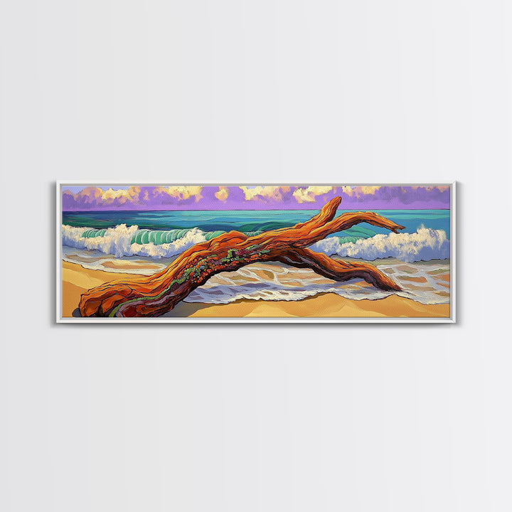 Driftwood Beach, Ocean Wave Art, Coastal Wall Art, Framed Canvas Print, Nature Home Decor, Relaxing Bathroom Art, Bedroom Art