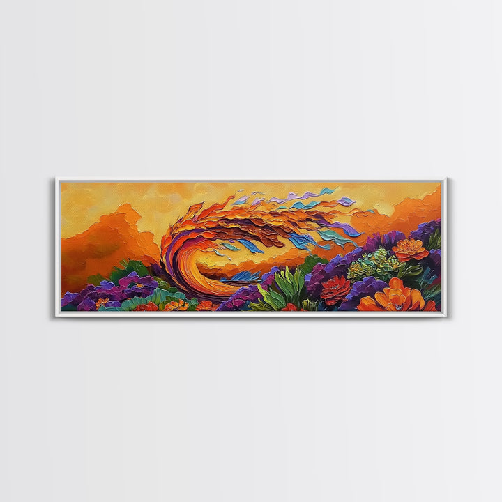 Abstract Wave, Fiery Floral Splash, Boho Landscape Art, Framed Canvas Print, Bold Living Room Statement Wall Decor