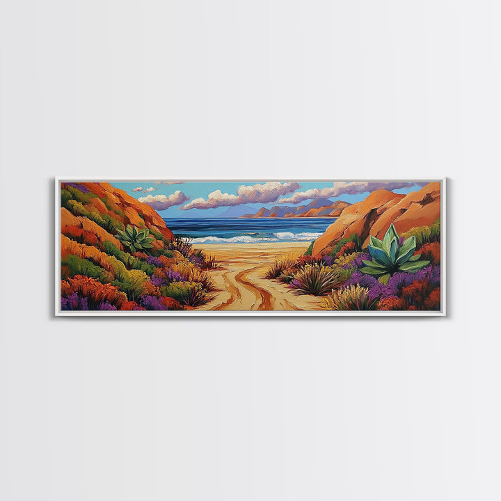 Desert Path, Beach Escape, Vibrant Nature, Scenic View, Framed Canvas Print, landscape painting, hallway art, sunset wall decor