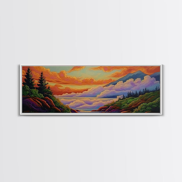 Cloudy Mountains, Sunset Glow, Forest Horizon, Tranquil Vibes, Framed Canvas Print, peaceful landscape, bedroom wall art