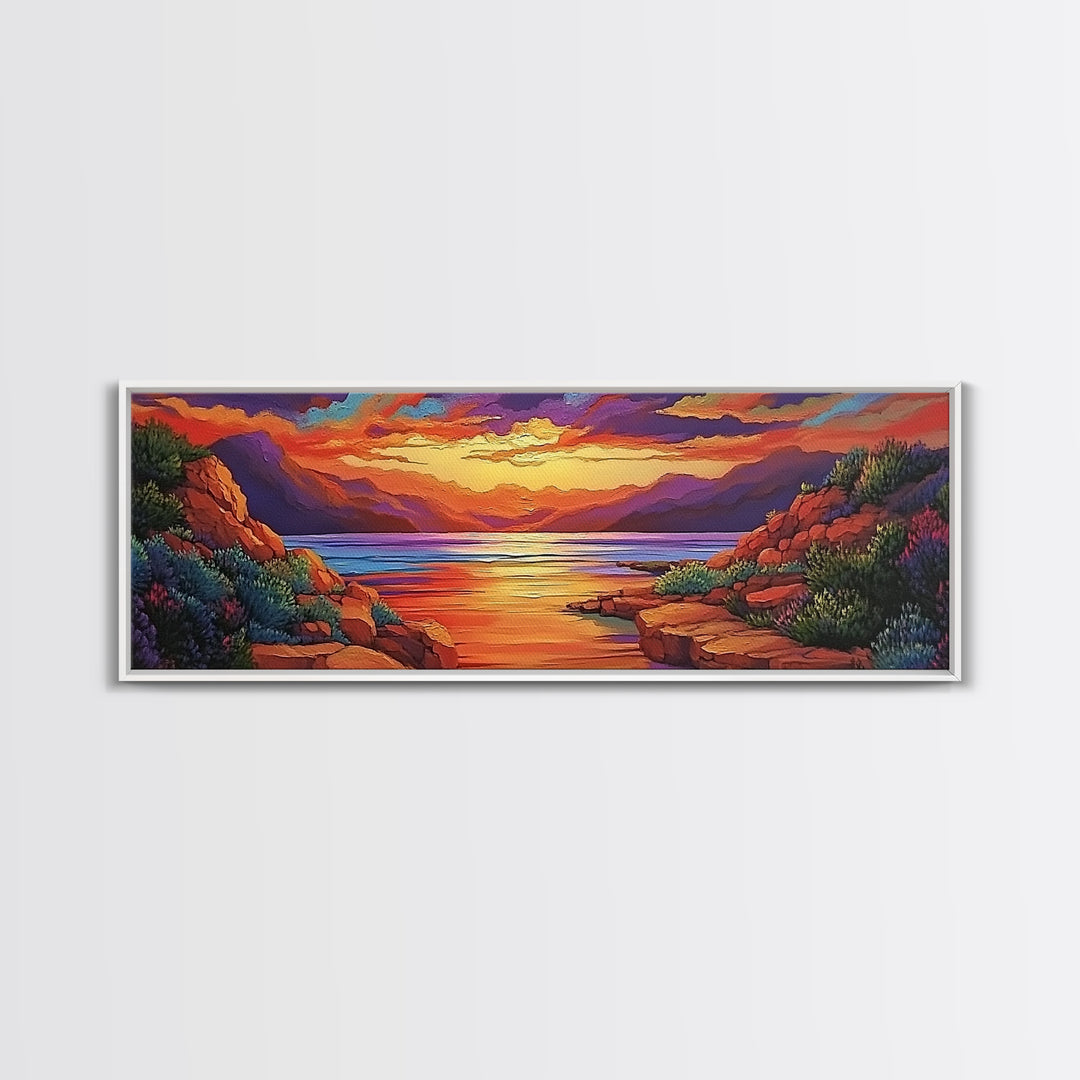 Rocky Sunset, Tranquil Cove, Mountain Glow, Ocean Calm, Framed Canvas Print, vivid sunset art, nature escape, living room decor