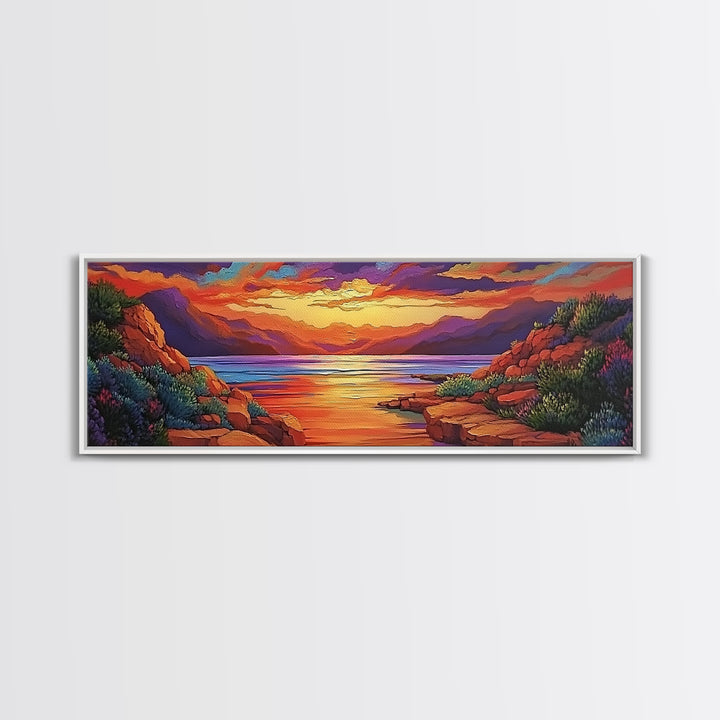 Rocky Sunset, Tranquil Cove, Mountain Glow, Ocean Calm, Framed Canvas Print, vivid sunset art, nature escape, living room decor