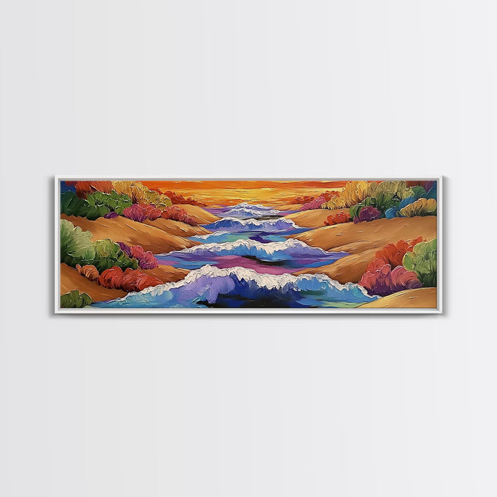 Rolling Waves, Ocean Energy, Sunset Coastline, Canvas Print, coastal living room decor, vivid surf art, bold beach vibe painting