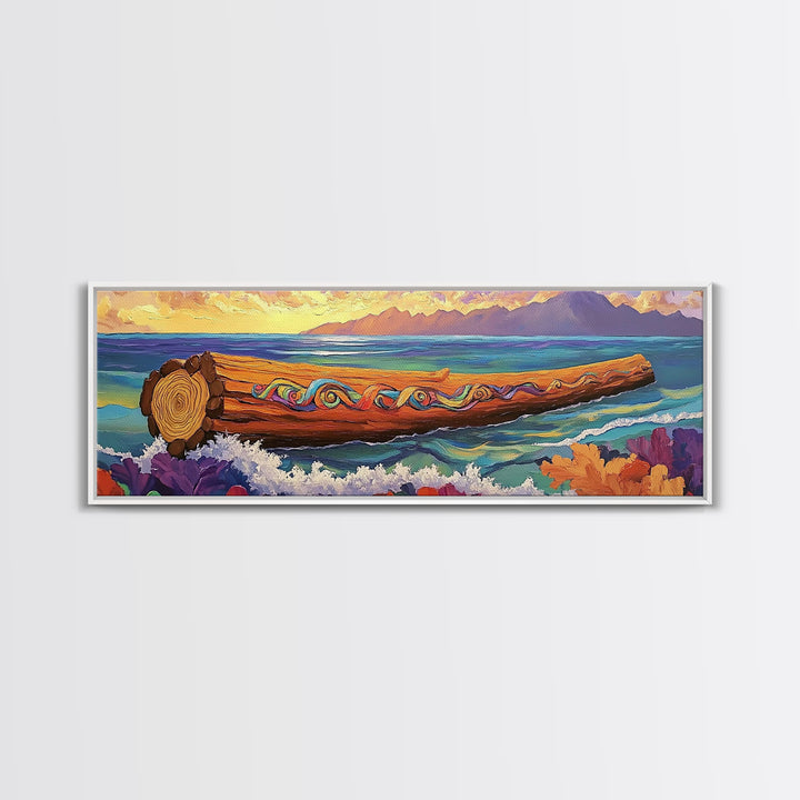 Ocean Driftwood Painting, Coastal Log Art, Vibrant Nautical Wall Scene, Framed Canvas Print, Beach House Decor, Living Room Art
