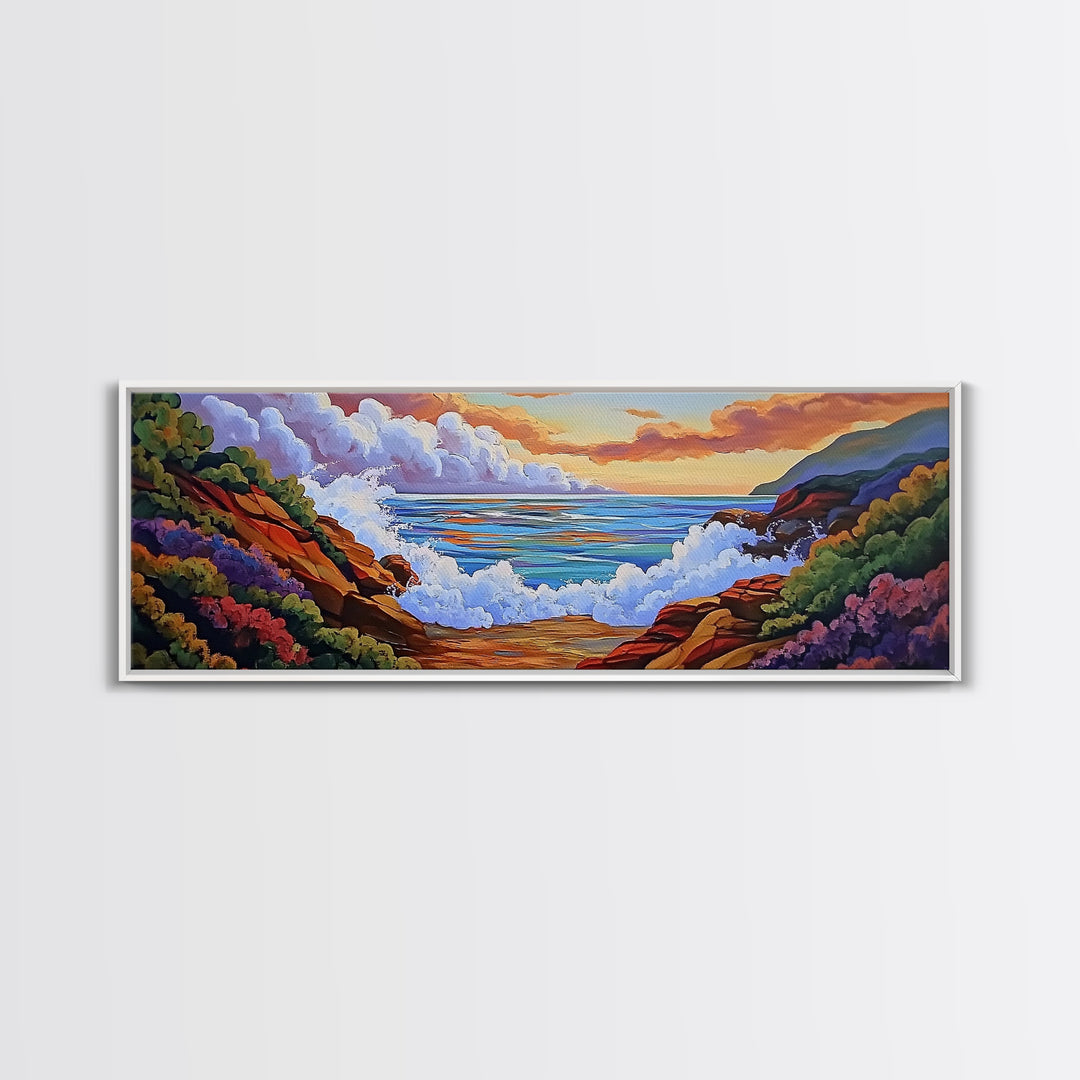Crashing Waves Painting, Rocky Shoreline View, Sunset Coastal Landscape, Framed Canvas Print, Nautical Art, Living Room Decor