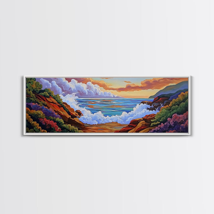 Crashing Waves Painting, Rocky Shoreline View, Sunset Coastal Landscape, Framed Canvas Print, Nautical Art, Living Room Decor