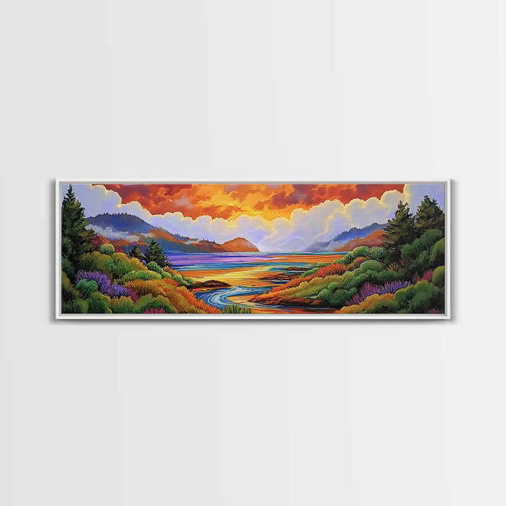 Sunset Lake Scene, Mountain View Art, Tranquil Waterscape Landscape, Framed Canvas Print, Nature Office Decor, Living Room Art
