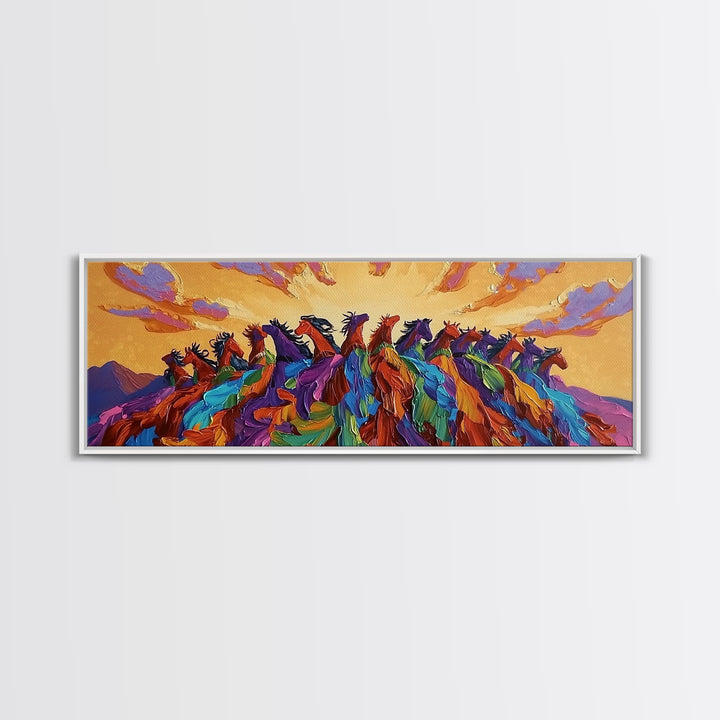 Running Wild Horses, Abstract Herd Scene, Sunset Equine Painting, Framed Canvas Print, Western Bedroom Wall Art, Living Room Decor