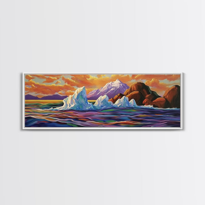 Iceberg Ocean Scene, Arctic Sunset Painting, Majestic Ice Waterscape, Framed Canvas Print, Coastal Wall Art, Winter Home Decor