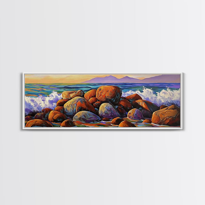 Coastal Boulders, Wave Crash, Ocean Energy, Framed Canvas Print, Beach House Wall Art, Seascape Painting, Coastal Decor, Nature Vibes