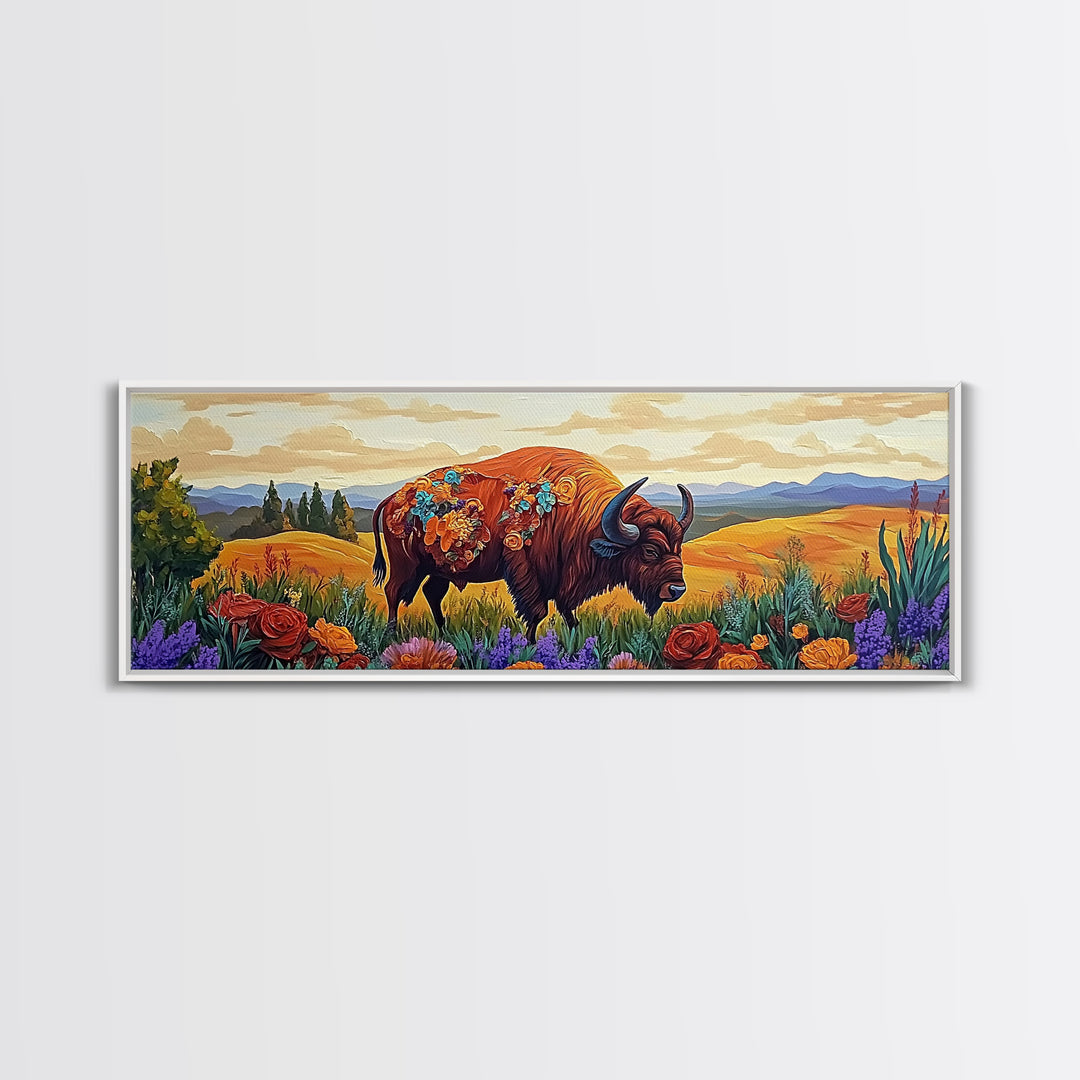 Bison Meadow, Wildflowers, Prairie Soul, Framed Canvas Print, Fall Wall Art, Western Decor, Rustic Living Room Art, Nature Art