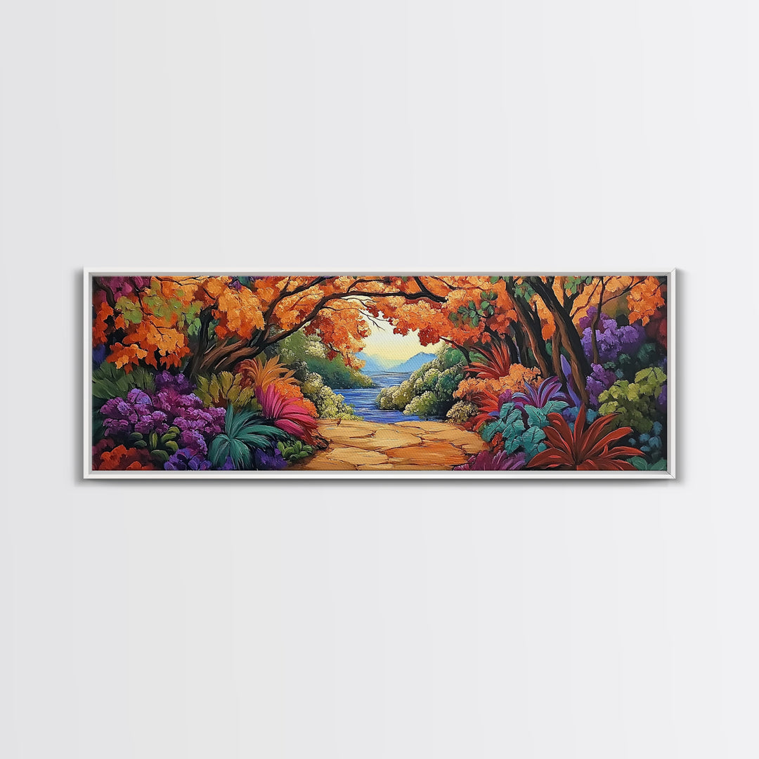 Autumn Archway, Colorful Path, Forest Lake, Vibrant Trees, Framed Canvas Print, Entryway Wall Art, Fall Nature Scene, Boho Art