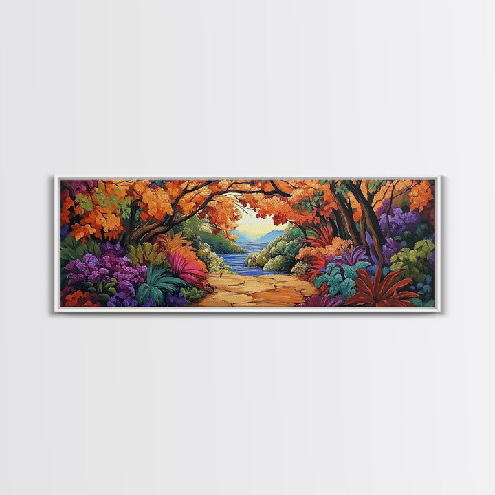 Autumn Archway, Colorful Path, Forest Lake, Vibrant Trees, Framed Canvas Print, Entryway Wall Art, Fall Nature Scene, Boho Art