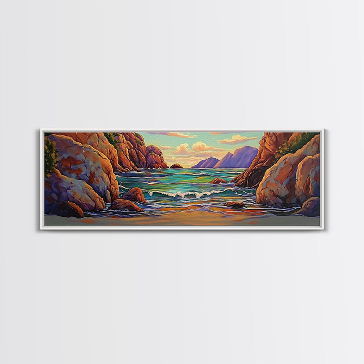 Rocky Cove, Sunset Ocean, Wave Art, Coastal View, Framed Canvas Print, Bathroom Wall Art, Earth Tones, Seascape Canvas Decor