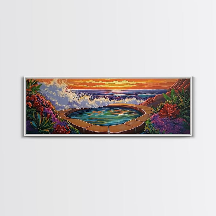 Ocean Hot Spring, Tropical Spa Scene, Sunset Serenity, Coastal Zen, Framed Canvas Print, Relaxation Art, Bohemian Wall Art