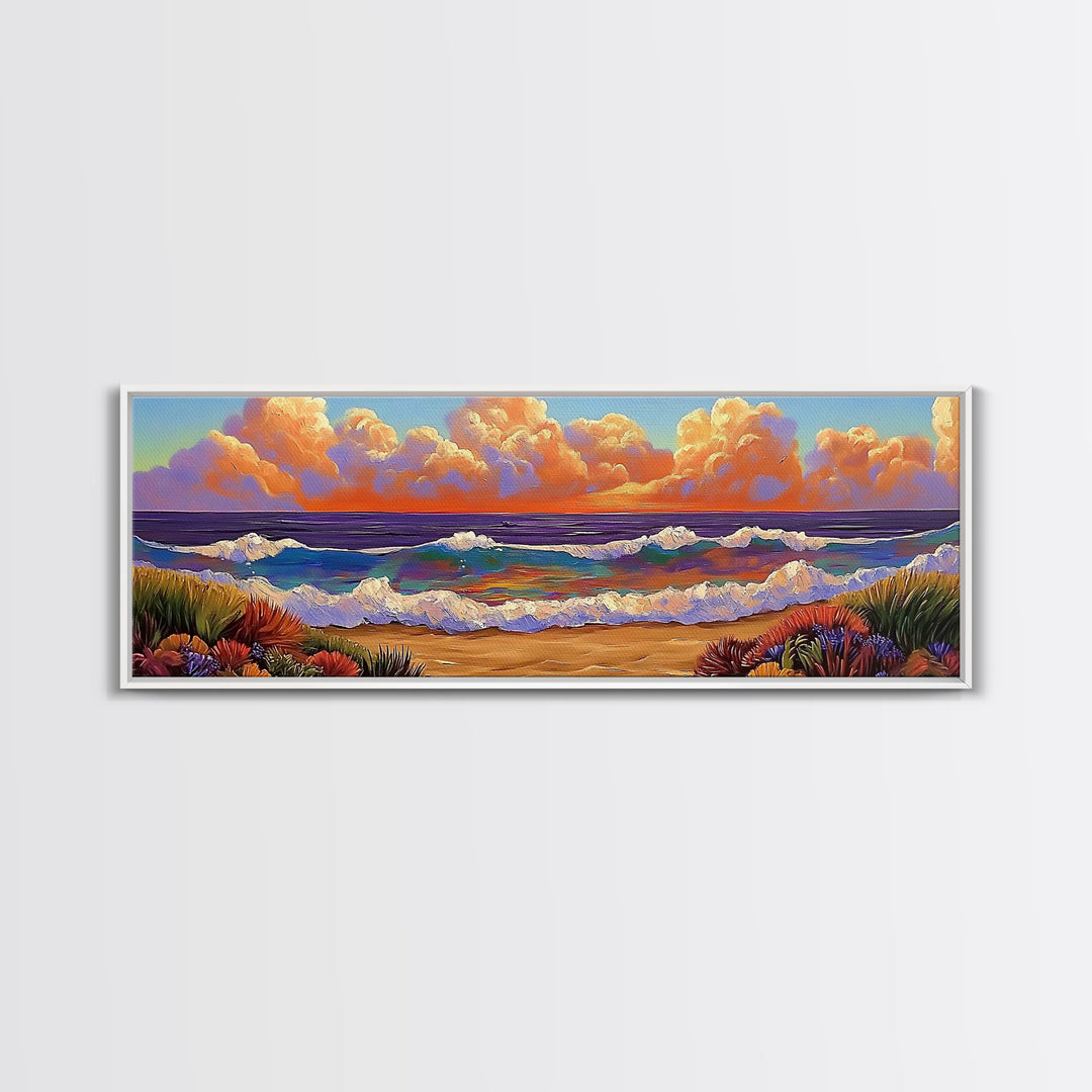 Beach Sunset, Gentle Waves, Cotton Clouds, Summer Calm, Framed Canvas Print, Coastal Wall Art, Soft Pastel Ocean Landscape