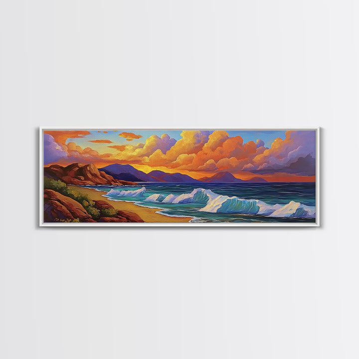 Coastal Sunset Glow, Ocean Horizon, Vibrant Wave Art, Framed Canvas Print, Living Room Wall Art, Colorful Beach Landscape