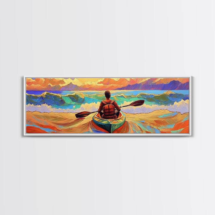 Ocean Kayaker, Waves Sunset, Adventure Spirit, Beach Home Accent, Framed Canvas Print, Coastal Wall Art, Colorful Outdoor Art