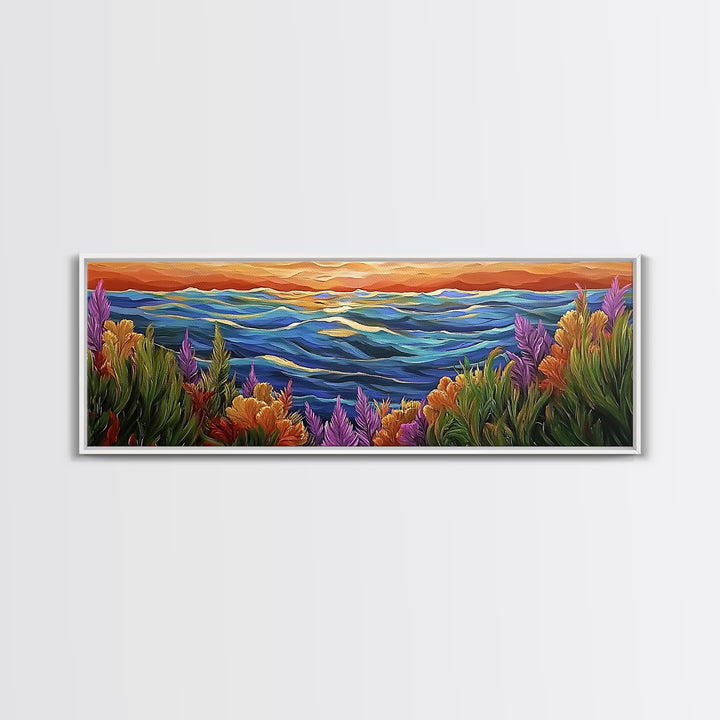Ocean Horizon, Sunset Sea, Flower Garden, Nature Escape, Canvas Print, Beach House Decor, Tropical Seascape Wall Art